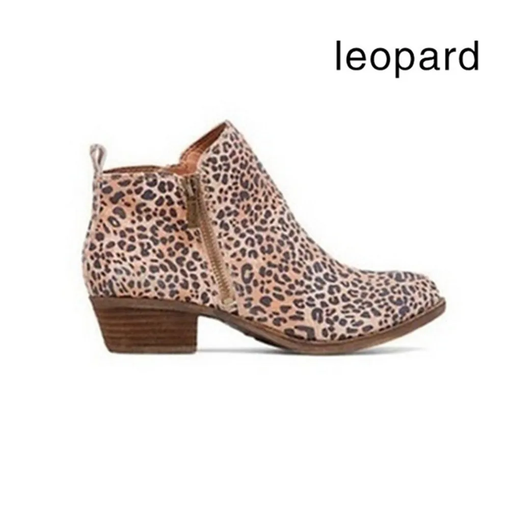 

Autumn Winter Fashion Leopard Ankle Boots Women Square Low Heel Round Toe Sexy Martin Shoes Front Zipper Up Zapatos De Mujer