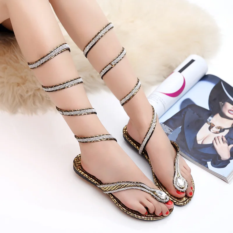 

2016 Foot Crystal Ring Strap Around Gladiator Sandals Women Rhinestone Flat  Women Sandals Fashion Women Shoes