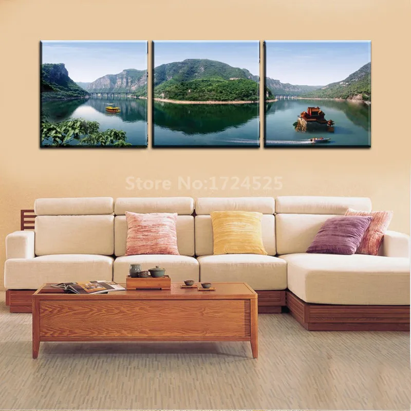 Unframed 3 Panel Mountain Lake Boat Pastoral Scenery Modern Print Wall Art Picture Home Wall Decor For Living Room Art Painting