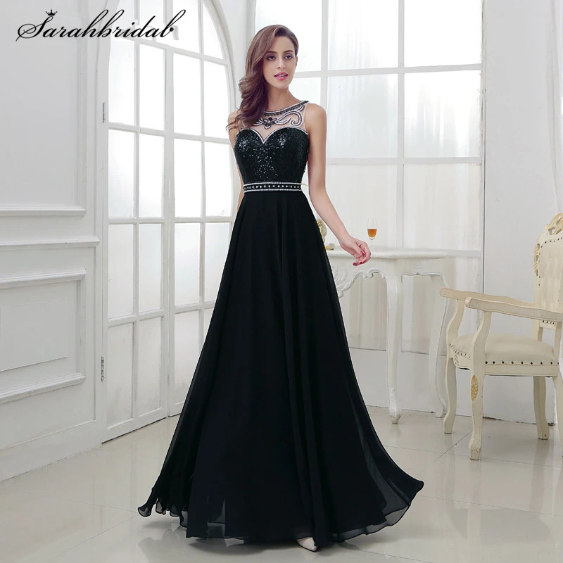 

Sexy Long Evening Dresses A Line Jewel Beading Illusion Chiffon Pearls Crystal Prom Gown vestidos de fiesta de noche LSX324
