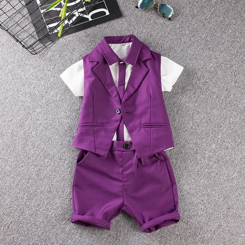 

child suit Summer Baby Prom Sets Blue/Purple wedding Flower Boy Dress fashion show kid clothing set Vest shirt shorts 3pcs suit