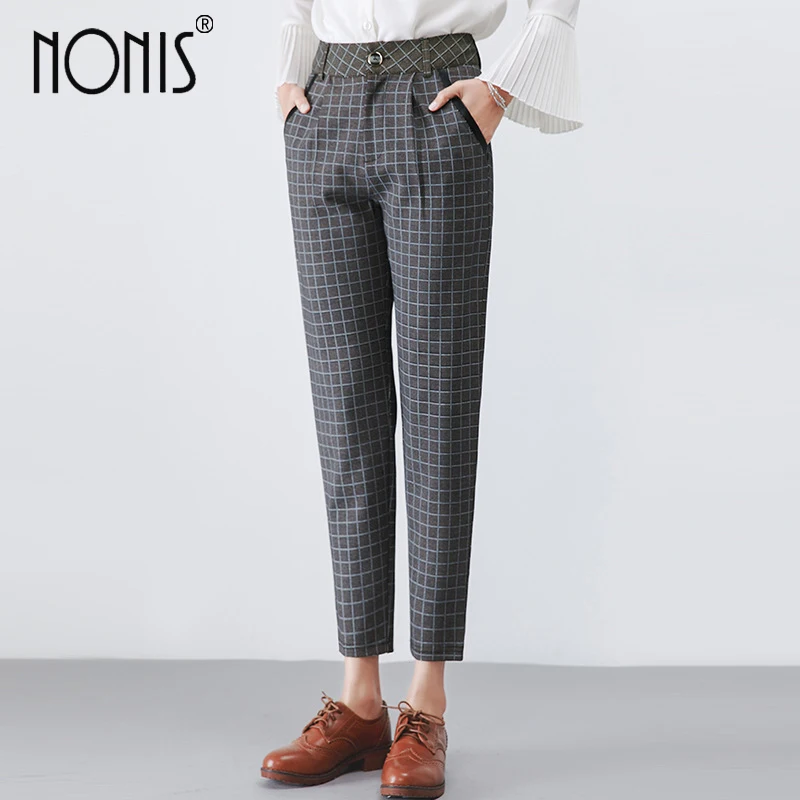 Nonis 2018 New Spring Summer Gray Plaid Office Lady Pencil Pants Ankle Length Mid Waist Work 