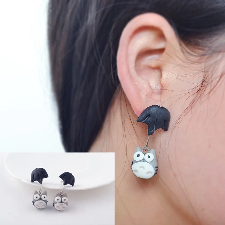 

New Japanese anime Totoro stud earring cute cat hole the umbrella earring for women girls polymer clay harajuku kawaii jewelry