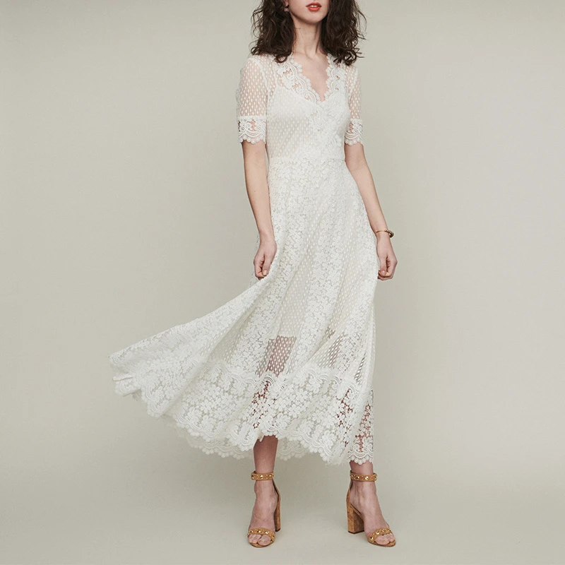 

2019 High Quality Runway Dress 2019 Women Sexy Embroidery Lace Maxi Dresses Female Holiday Party White Long Dress