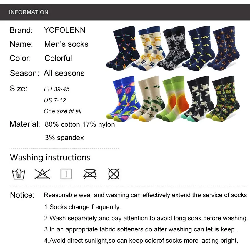 10 Pairs/Lot Fashion men's Combed Cotton Long Socks Set Man Colorful Funny Happy Socks Skate Wedding Art Sock Business Gift