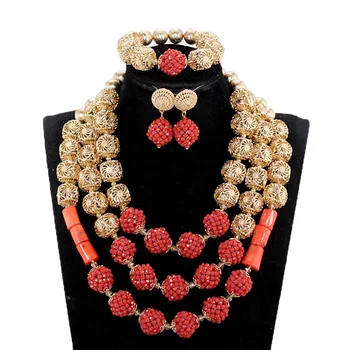 

Latest Deep Red Beaded African Golden Costume Jewelry Set Wedding Bib Crystal Statement Women Necklace Set Coral Jewelry CB190