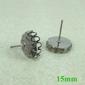 

Blank Earrings Base 15mm Round Lace Bezel Tray Cabochon Brass Stud Earrings Post Settings Findings Gunmetal Black tone Wholesale