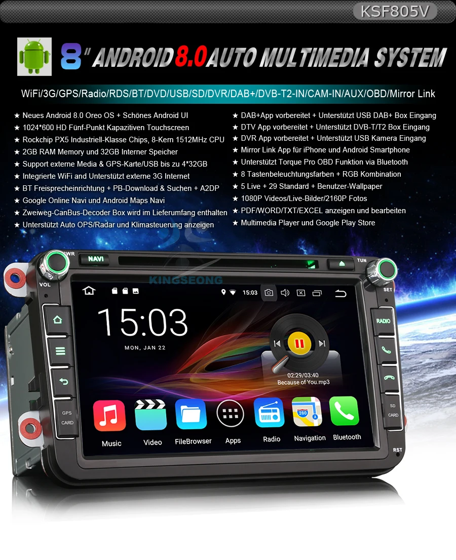 Best 8" DAB+ Car DVD player FOR VW Passat CC Polo Golf Android 8.0 Autoradio Octa Core GPS WiFi 3G GPS Radio SD DVR DTV Bluetooth 0