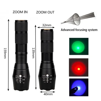 

Zoomable 3 in 1 LED Flashlight 3 light color Red/Green/Blue Tactical Hunting Torch +18650 battery+charger Outdoor Lanterna