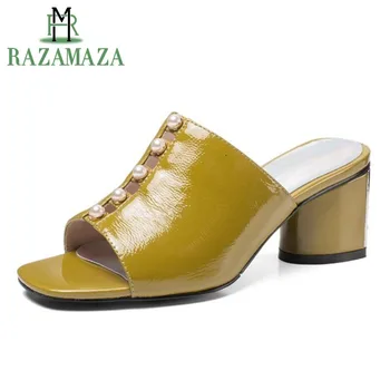 

ZALAVOR Women High Heel Sandals Real Patent Leather Shoes Women Sexy Square Open Toe String Bead Fashion Slippers Size 34-42