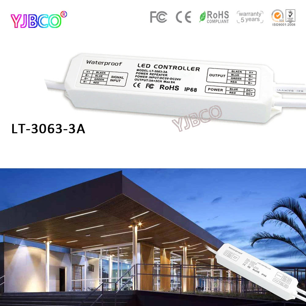 

LT-3063-3A LED CV Power Repeater (amplifier) waterpoof Controller for led strip light lamps DC5V-24V ;3A*3CH MAX 9A output