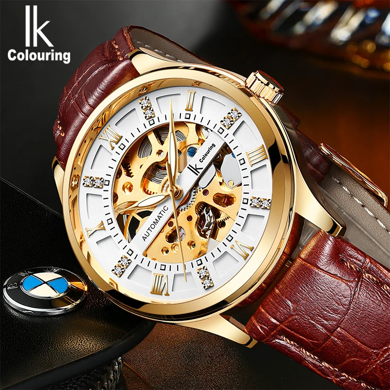 IK раскраски для мужчин's деловые часы Autmatic Self ветер кожаный Скелет Wristwathces Montre Reloj