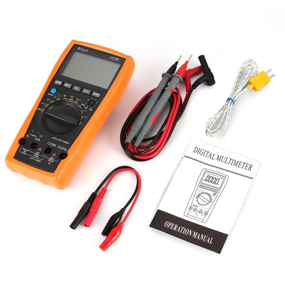

Dropship VC99 Digital Multimeter 5999 Counts Auto/Manual Range AC/DC Volt Amp Ohm Capacitance Frequency Temperature Diode Tester