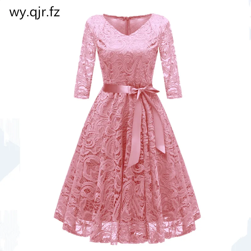 

CD1592F#Pink V-neck Bow Lace Short Bridesmaid Dresses wedding party dress prom bridal gown cheap wholesale women's clothing