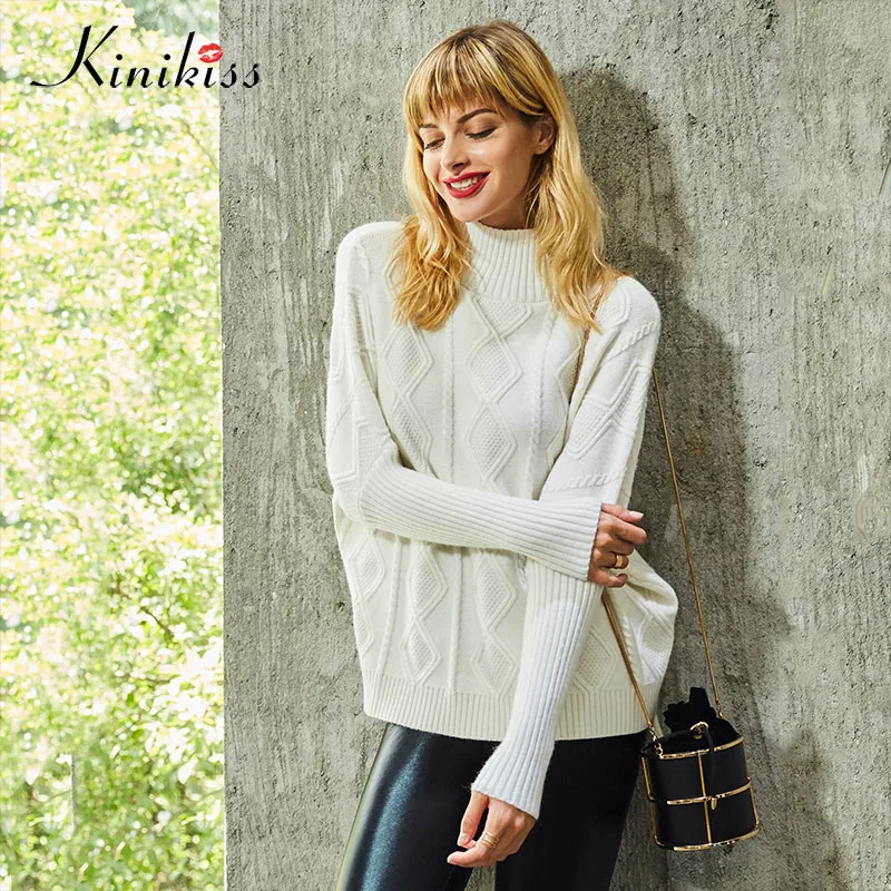 Goedkoop Kinikiss Vrouwen Losse Gebreide Truien Coltrui Witte Argyle Tops Vintage Geometrische Hoge Kraag Winter Casual Truien
