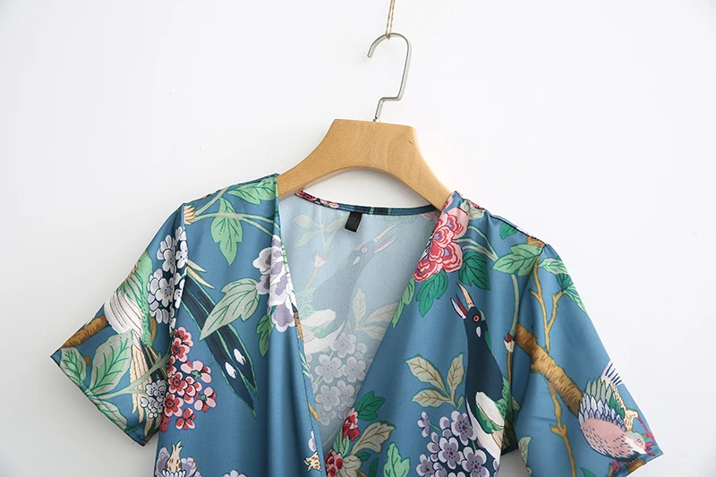 ShejoinSheenjoy Women Vintage Bird Floral Print Maxi Dress V neck Short Sleeve Side Zipper Retro Mid-Calf Casual Ladies Dresses (4)
