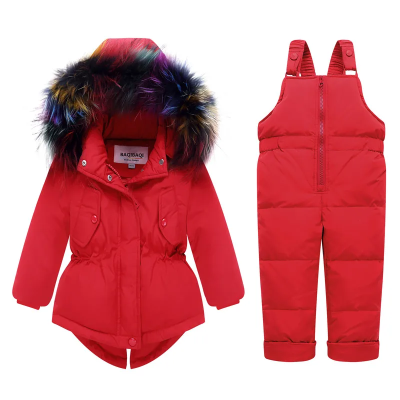 Зимние для маленьких мальчиков куртка для девочек на утином пуху детская одежда меховой воротник холодной куртки-пуховики и парки детская России лыжный комплект-30 градусов, детская одежда - Цвет: Model 1 Red