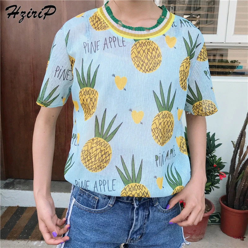 Hzirip 2018 Women T Shirts Pineapple Printing Tops O Neck Loose Casual Fashion Tee Short Female