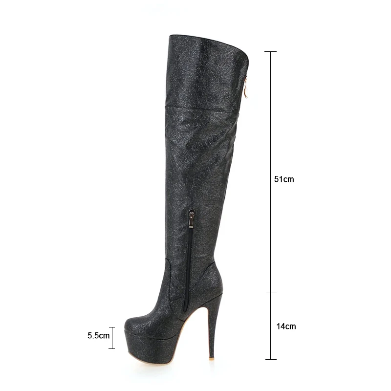 Sobre Zapatos Moda Invierno Super Nocturno Alto Plataforma Rodilla 14 Tacón De Cm Negro Sexy Pu Cuero Mujer oro Botas plata Thin Club La Rxemzg xvRfU