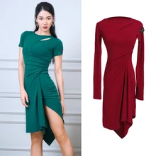 Платье для латинских танцев, Женская Асимметричная юбка с разрезом, Румба, Самба, сальса, танго, ча, одежда для выступлений, танцевальная одежда для женщин, тренировочная одежда, DN3627