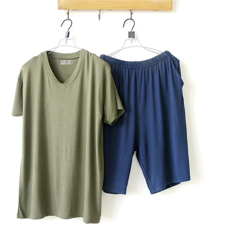 Men's Pajamas Summern Bamboo Fiber Cotton Sleepwear Short sleeve Solid V-neck Pyjamas Men Lounge Pajama Set