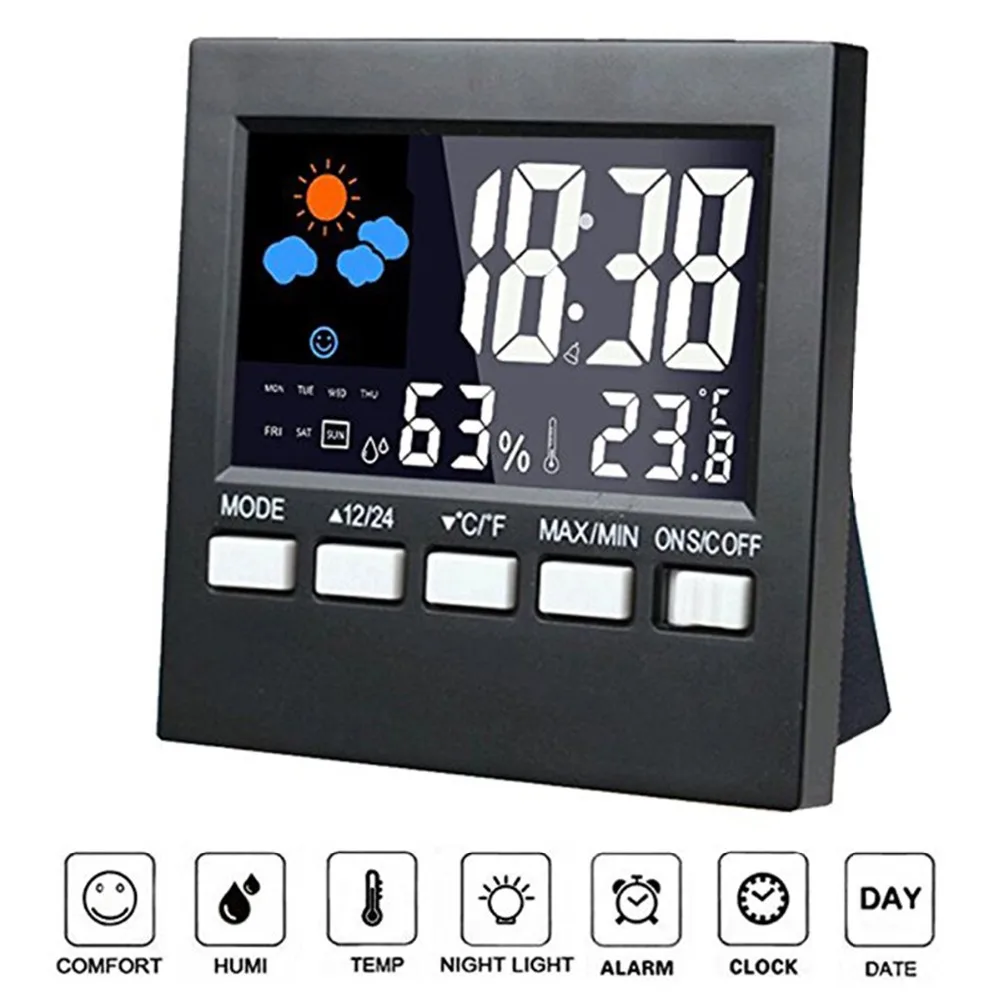 

LED Digital LCD Alarm Clock Desk Table Weather Temperature Humidity Travel Backlight Electronic Clock Snooze Function