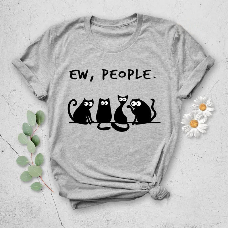 EW People Shirt Womens Tops Solid Color T-shirt Cat Print Long Sleeve Pullover Tops