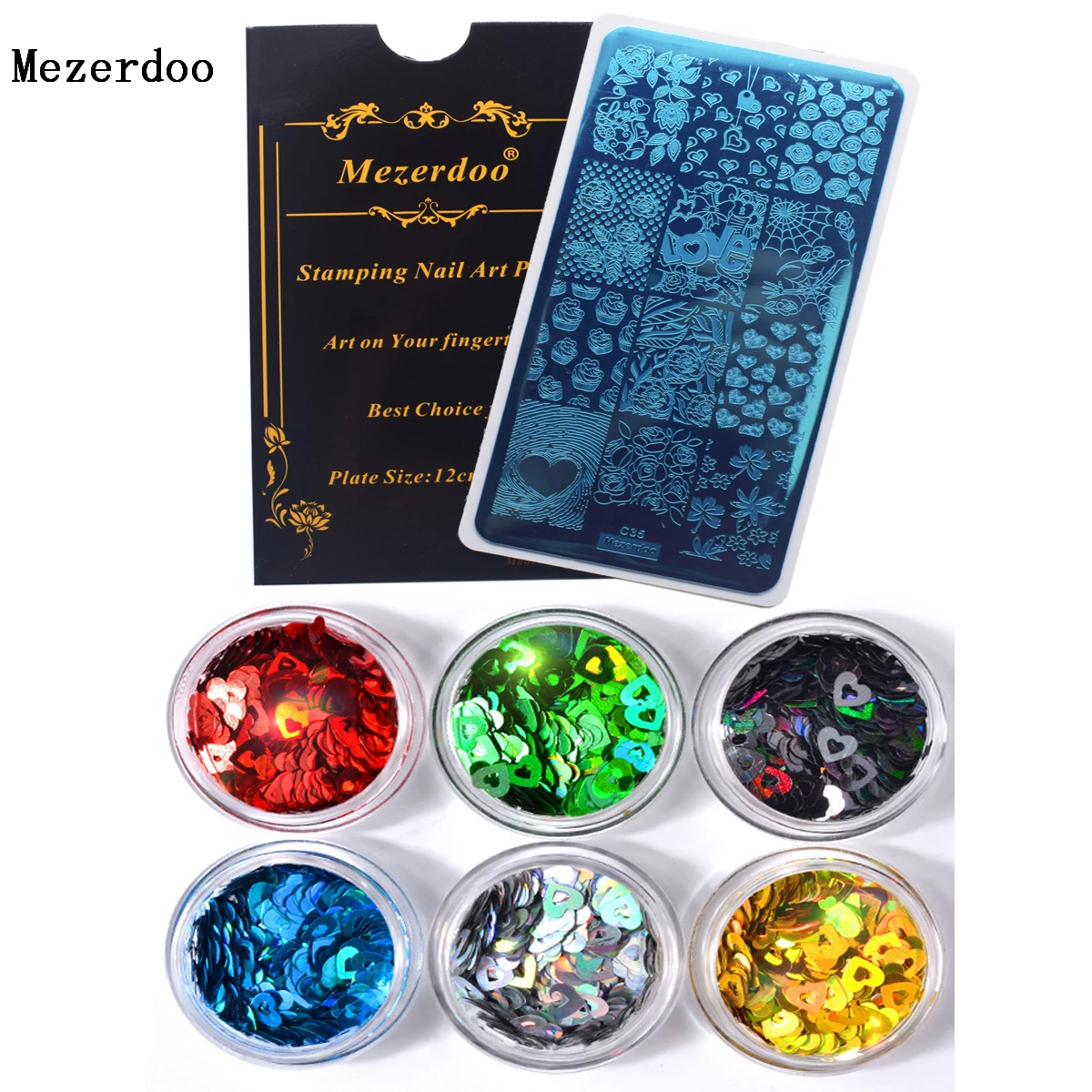 

Nail Art Decoration Set 1Pc Steel DIY Nail Art Plate+6Boxes Heart Shape Nail Sequins Mixed Color Glitter Paillette Manicure Tool