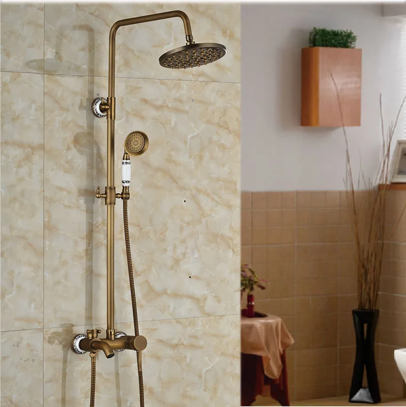 Brass Antique Bathroom 8 Rain Shower Mixer Faucet Set Single Handle with Handshower Complete Sets