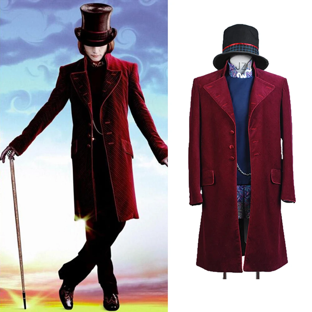 

Charlie and the Chocolate Factory Movie Johnny Depp Willy Wonka Wine Red Coat Jacket Cape Halloween Cosplay Costume For Men