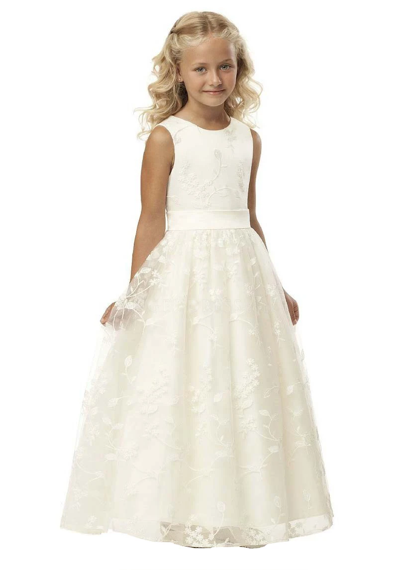 

A-Line Lace Flower Girl Dresses Floor Length Scoop Neck First Communion Dresses Gown for Wedding Party
