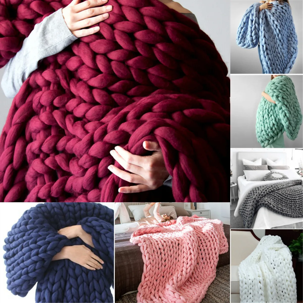 3 Sizes Hand knitted Soft Warm Hand Chunky Knit Blanket Thick Yarn Wool