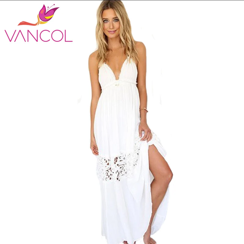 Vancol 2016 Women Summer Dress Wedding Halter Backless V-Neck Floor Length Lace Pathchwork Chiffon White Sexy Long Beach Dress long-white-lace-dress