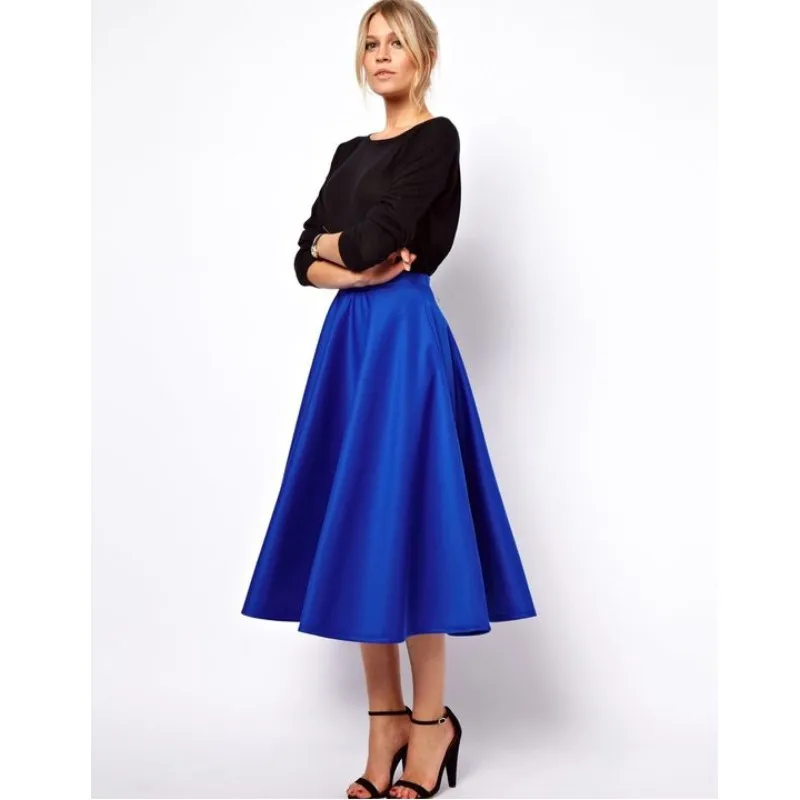 

Modest Royal Blue Tea Length Satin Skirts For Women Elegant Office Lady Skirt Female Saias High Quality Custom Made Bottom