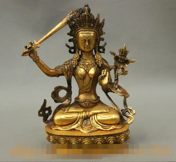 

S7366 8" Folk Chinese Bronze Gilt Tibet Manjuist WenShu Bodhisattva Lotus Statue D0317