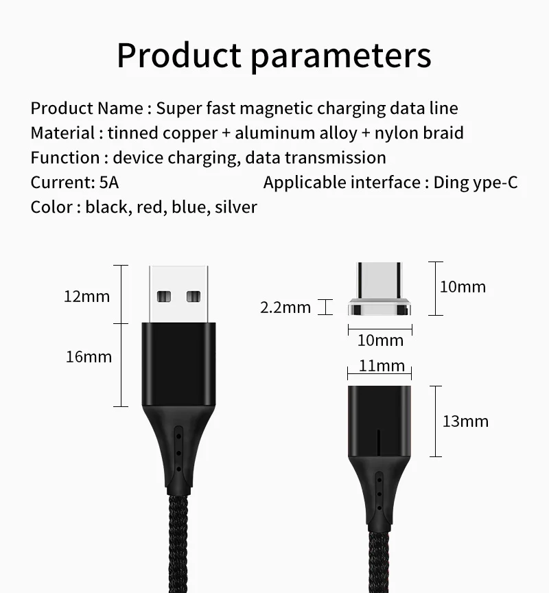 1 м Магнитный кабель type C 5A супер быстрая зарядка нейлоновый Плетеный USB-C Магнитный кабель для зарядного устройства для huawei mate 20 X P20 Pro Xiaomi