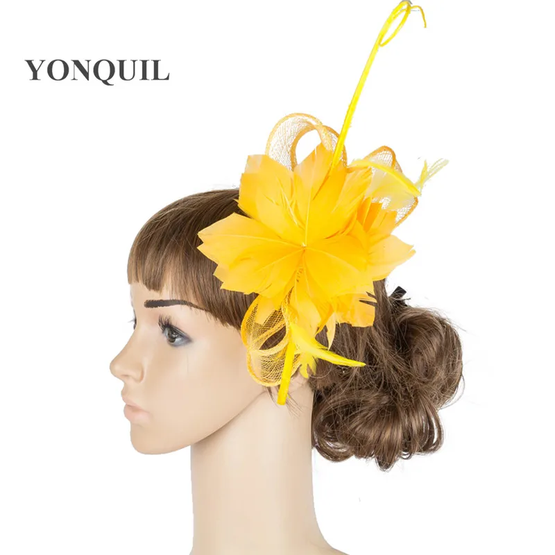 Женские великолепные вуалетки для женщин Свадебная вечеринка перо головные уборы с причудливыми перьями цветок аксессуары MYQ078 - Цвет: Цвет: желтый