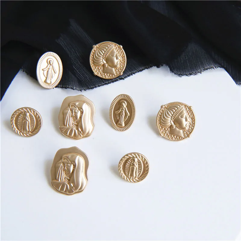 Винтажные золотые матовые серьги гвоздики Mary Portrait Coins для женщин с круглыми