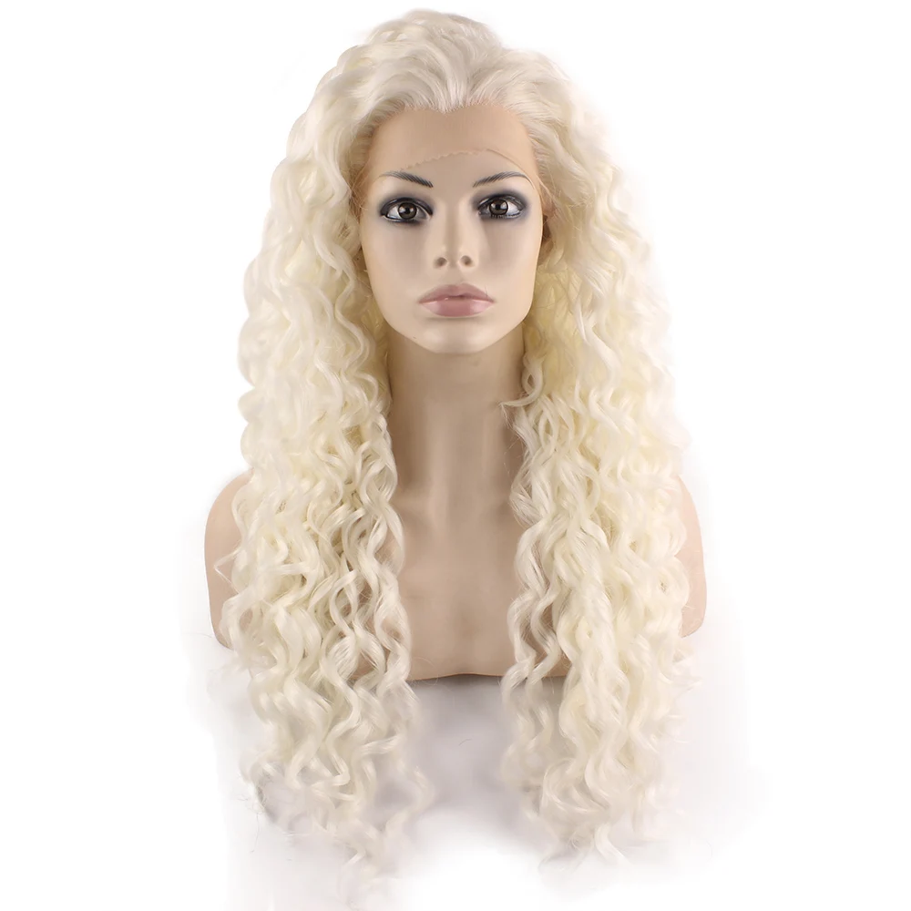 W18 26" Extra Long White Blond Curly Wig Half Hand Tied ...