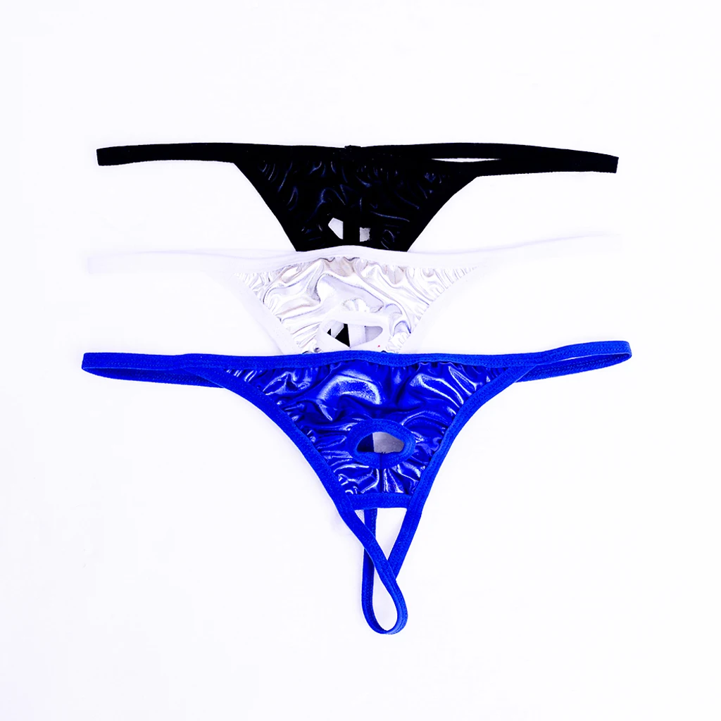 Men's Open front Shiny Stretch Pouch Sexy Hollow-out Soft & Breathable Thong Underwear -Multi Color