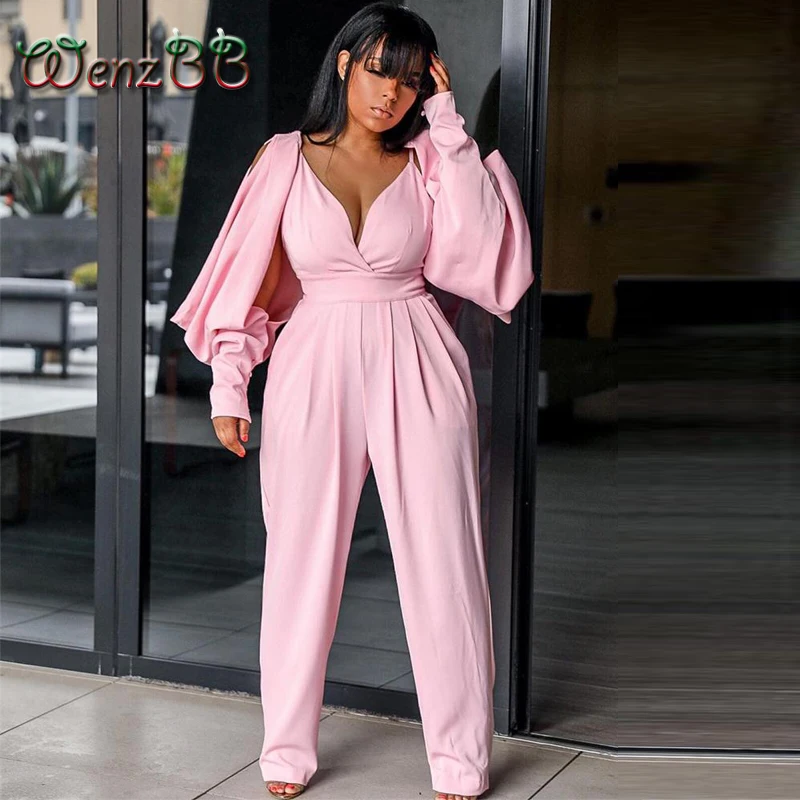 

Wenzbb Batwing Long Sleeve Jumpsuit Women Sexy Off The Shoulder Hollow Out Zip One Piece Outfit Strap Bra Pants Dropshipping