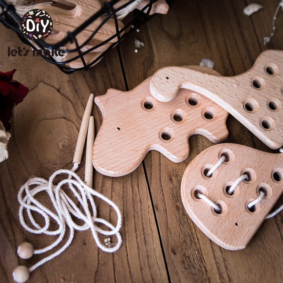 Let's Make Wooden Teether Lacing Animal Toys Educational Monterssori Toys Toddler Acticity Natural Eco Friendly Baby Teether