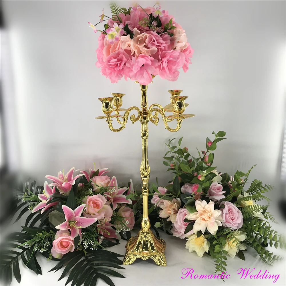 

Noble Stunning Metal Gold Candelabras With Carving Arms Big Flower Bowl On Sale for Wedding party event home decoration