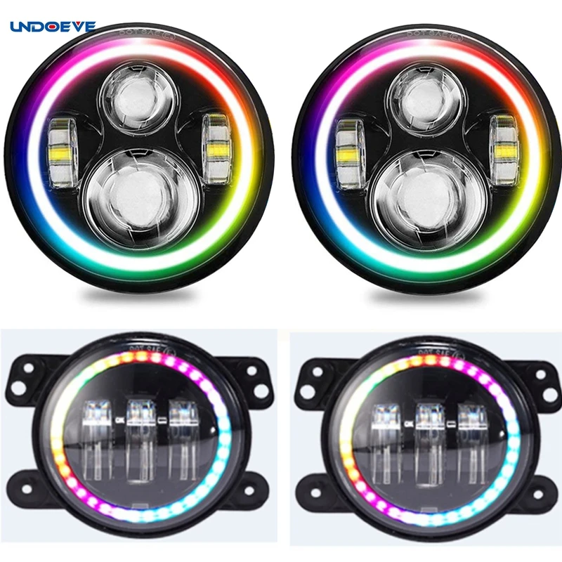 Для Jeep Wrangler фары 7 светодиодный LED Halo Angel Eyes RGB + 4 ''Противотуманные для 1997-2017 TJ LJ