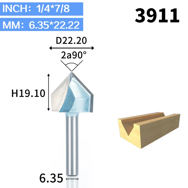 HUHAO 1 шт. 1/" 1/4" хвостовик промышленного класса фрезы для дерева 90 градусов V тип долбежный резак Вольфрам деревообрабатывающий резной инструмент - Длина режущей кромки: 3911