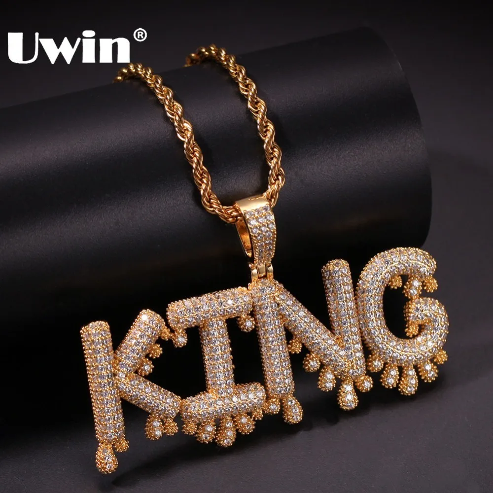 

Uwin Custom Words Name Pendants Water Drop Letters With 4mm CZ Tennis Chain Pendant Full Gold Color Iced Fashion Jewelry