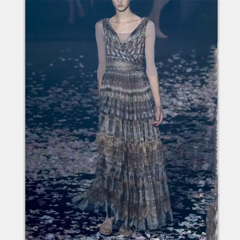 

Women Maxi Dress 2019 High Quality Runway V-Neck Sleeveless Printed Long Dresses Casual Dress NP0420MP