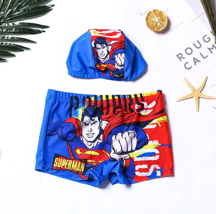 

Kid Boys Cartoon Swimsuit Children Swimwear Pants Shorts Caps Teenager boy swimming trunks Superman Beach shorts suit