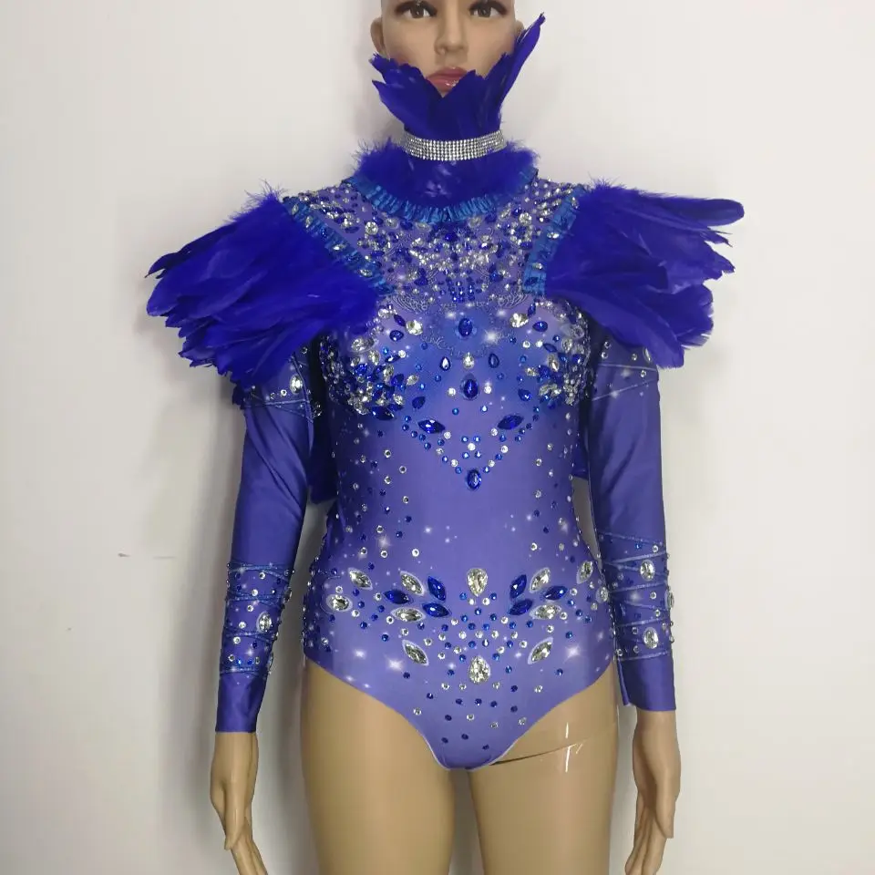 Синие перья стразами боди сексуальный женский взрослый костюм DJ Dancer бар певица Catwalk Пром показать этап наряд