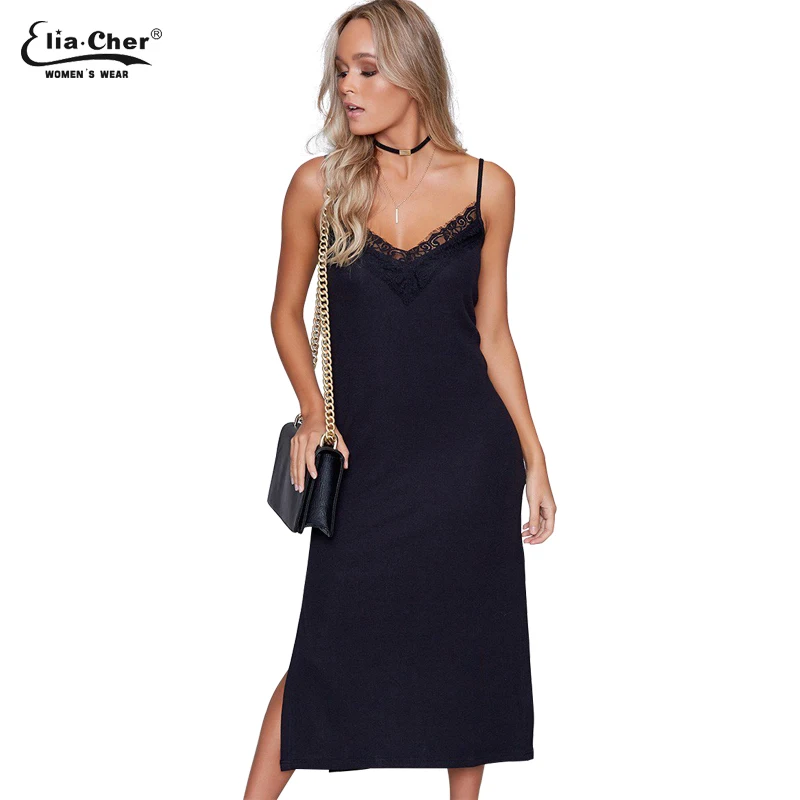 Женское платье на бретелях-спагетти элегантное однотонное длинное без рукавов